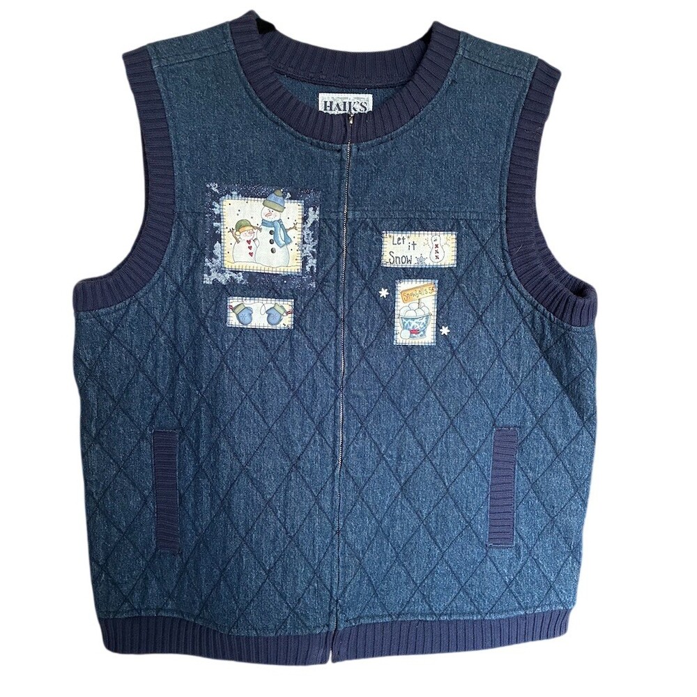 Haik's Vest Womens M Blue Quilted Denim Snowman Patchwork Zip Holiday